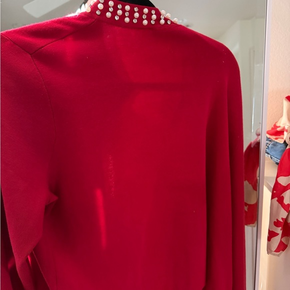 Adrianna Papell Haute Red Cardigan with Pearl Details - Picture 3 of 4
